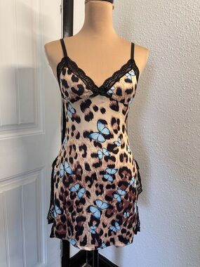 NWOT Lace-Trim Butterfly & Leopard Chemise Slip - Black Trim